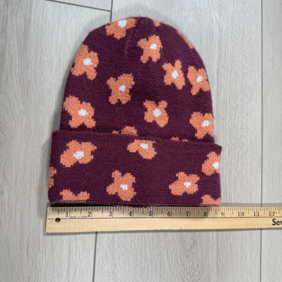 Flower Beanie Knit Hat Burgundy‎ Orange One Size Winter Knitwear Cute - Picture 7 of 7